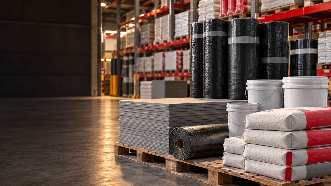 Waterproofing membrane rolls, protection boards and coating containers displayed in a materials warehouse