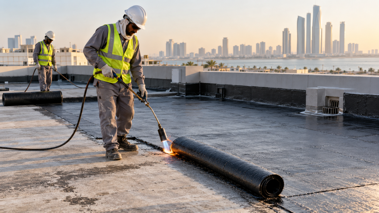 Worker torch-applying a bituminous waterproofing membrane on a flat concrete roof