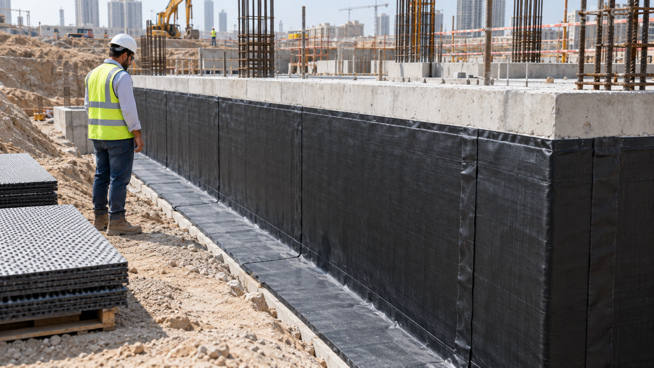 Waterproofing membrane on a concrete foundation wall with an engineer inspecting the installation