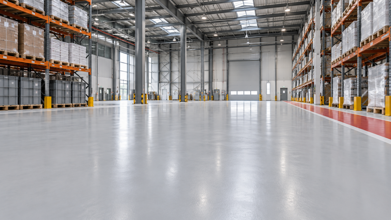 Illustration of a warehouse with grey epoxy flooring and a red pedestrian lane.