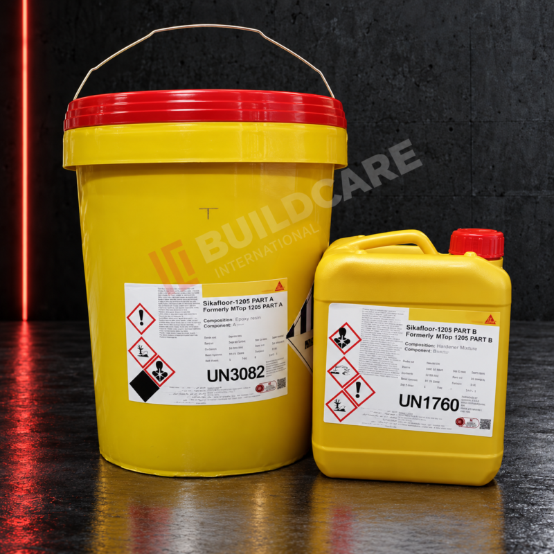 Sikafloor-1205 epoxy floor coating Part A resin pail and Part B hardener container.